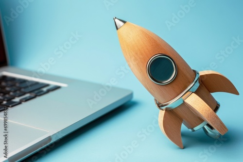 Wooden rocket next to a laptop, technology and startup concept, blue background. Generative AI