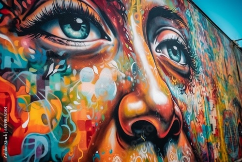 Colorful street art on urban wall in graffiti style. Generative AI