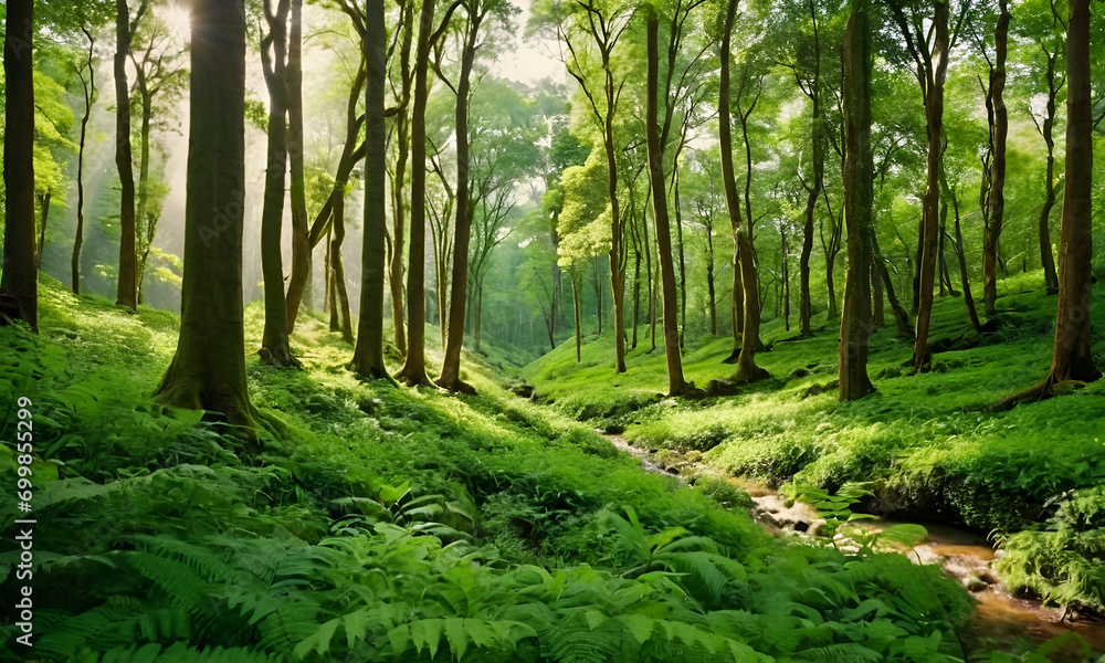 Obraz premium Embark on a serene heart of nature, where a lush forest landscape unfolds. Enchanting Forest, Nature's Tapestry, Landscape Photography, Tranquil Retreat, Green