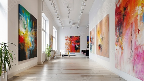 Modern art gallery, abstract paintings, exhibition space, cultural attraction.