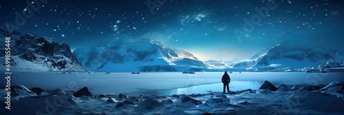 Silhouette of person in Antarctica during starry night. Panoramic amazing view
