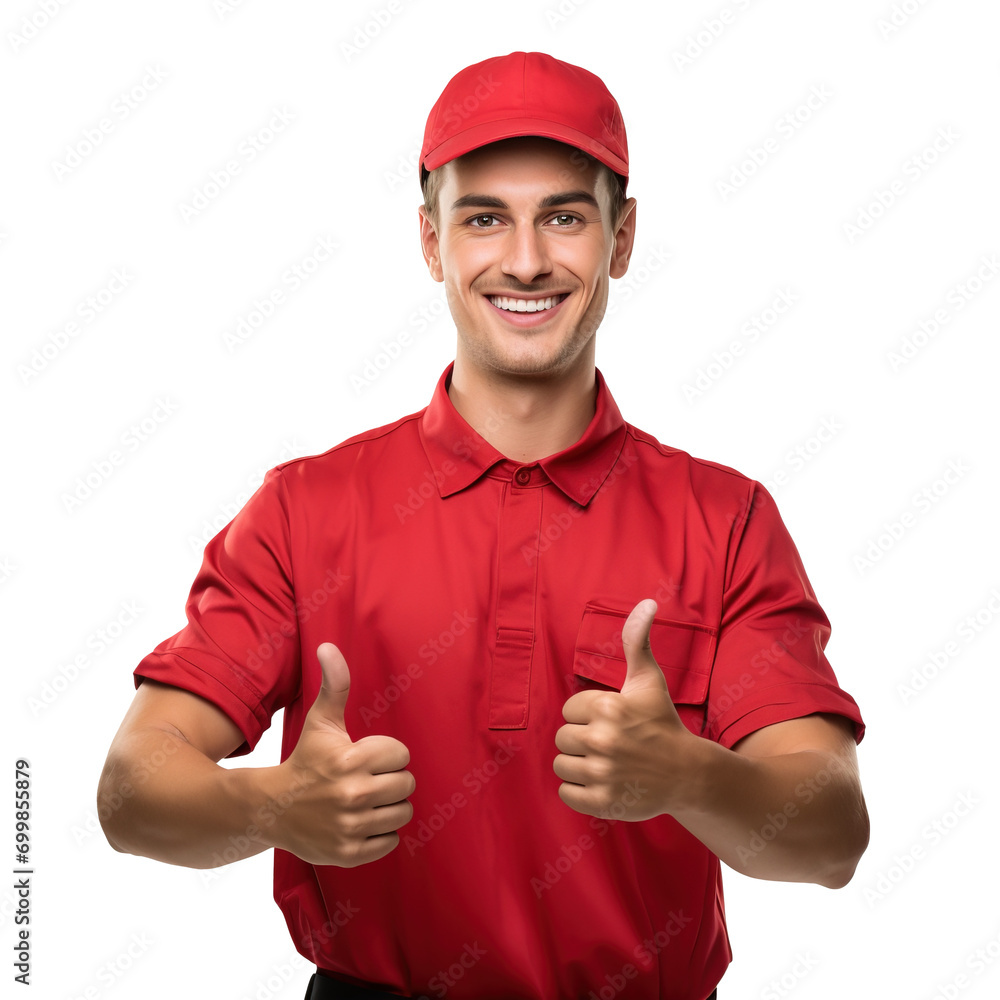Male fast food employee in red uniform giving thumbs up over isolated transparent background Male fast food employee in red uniform giving thumbs up over isolated transparent background