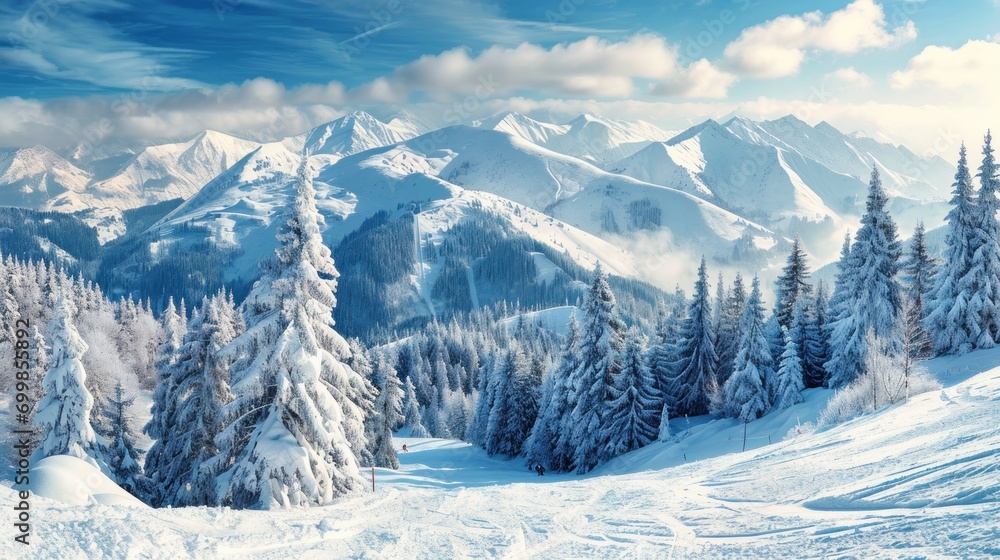 Panoramic view of a snowy mountain landscape with skiers