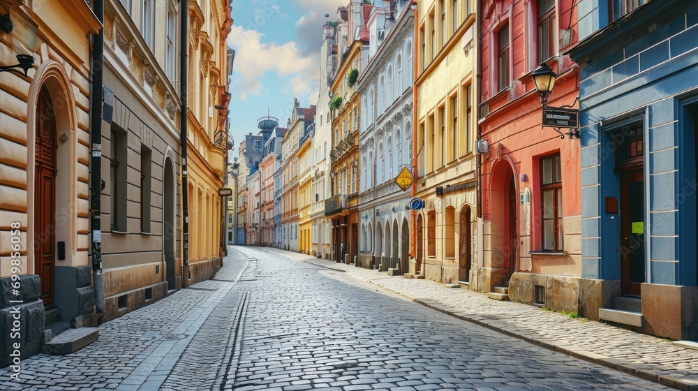 Fototapeta premium Quaint European street with cobblestone roads and colorful buildings