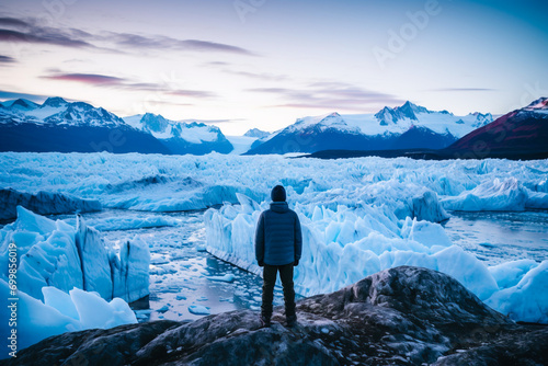 Back view of unrecognizable person admiring Perito Moreno Glacier, Argentina at blue hour photo