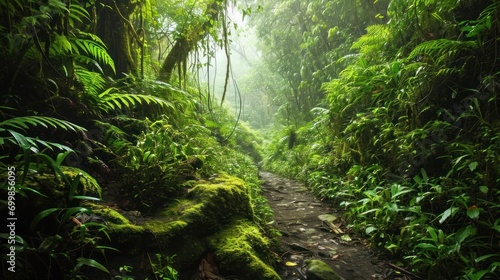 Rainforest trekking adventure, lush greenery, exotic wildlife, exploration.