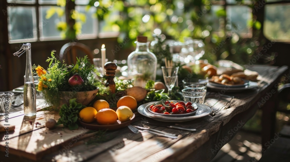 Rustic farm-to-table dinner setting with organic produce and natural light