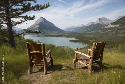 A pair of wooden chairs overlooking Waterton Lakes. Generative AI photo