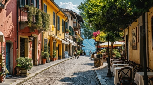 Traditional Italian street with vibrant houses and a bustling outdoor caf