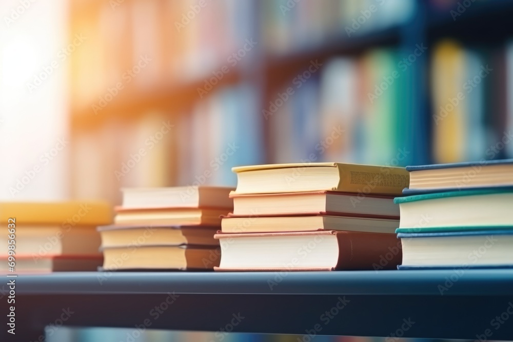 Pile of books on the blurred background of the library or bookshop Pile of books on the blurred background of the library or bookshop