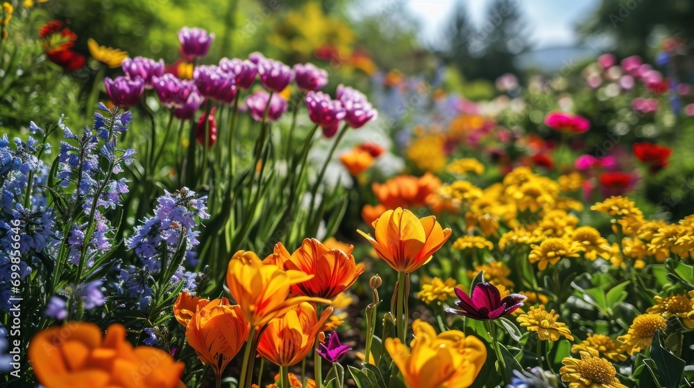 Vibrant flower garden in full bloom with a variety of flowers