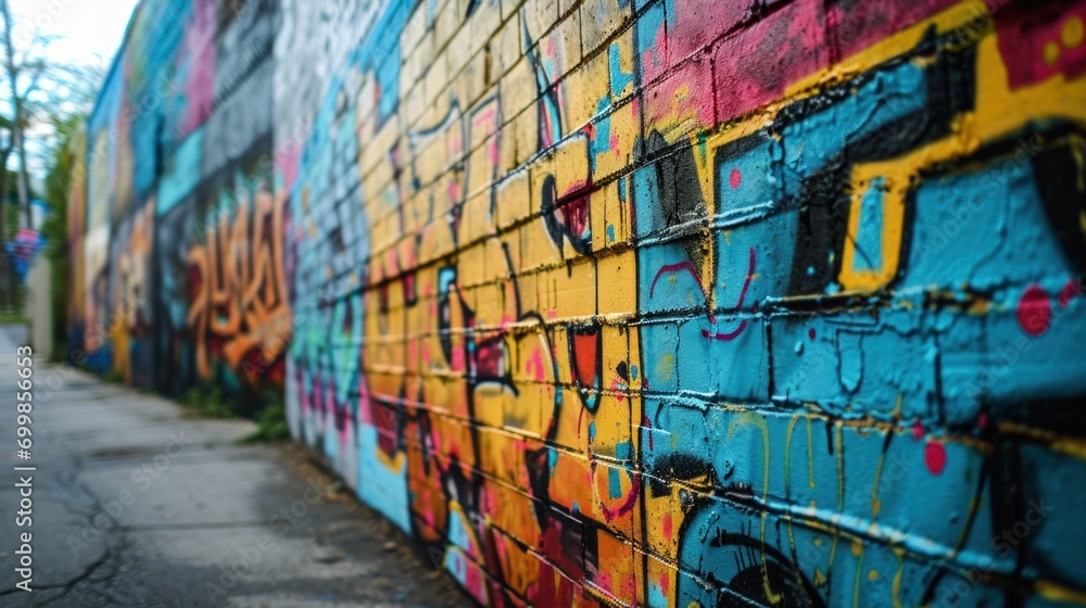 Fototapeta premium Vibrant street art and graffiti on an urban wall, expressing creativity.