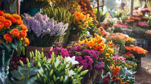 Vibrant flower market with a variety of colorful blooms and greenery