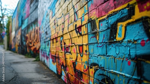 Vibrant street art and graffiti on an urban wall, expressing creativity. © Bijac