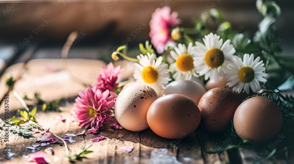 A bunch of eggs sitting on top of a table next to flowers