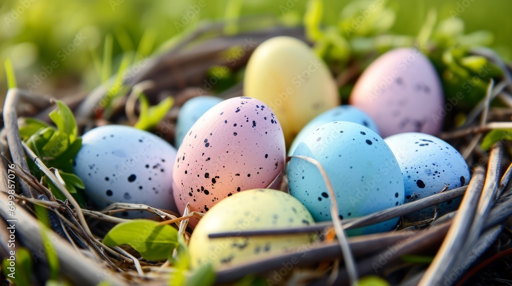 A bunch of eggs that are sitting in a basket with some grass on the side of the eggs are blue, pink, yellow, and white with speckles and speckles on them