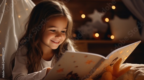 Smiling little girl reading bedtime story photo