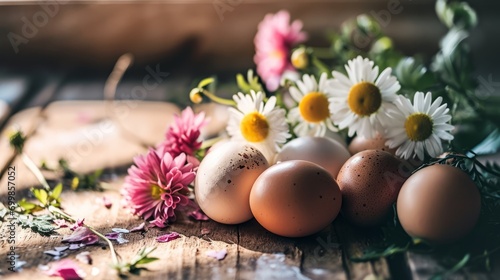 A bunch of eggs sitting on top of a table next to flowers