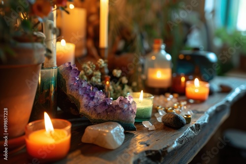 Crystals altar idea. Creating sacred meditaion space with good vibes for home photo