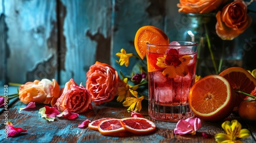 A glass filled with a drink next to sliced fruit and flowers
