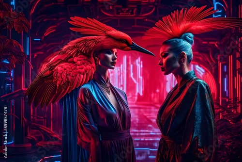 HD image of a red-crowned crane and a woman, made by jev jquery, in surreal rendering style, futuristic glamour photo