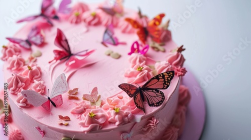 A pink cake with butterflies on it and pink icing