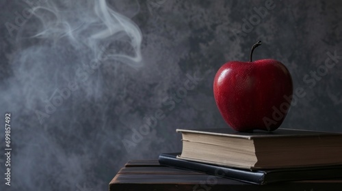 A red apple sitting on top of a stack of books on top of a black table next to a gray wall with smoke coming out of the back of it