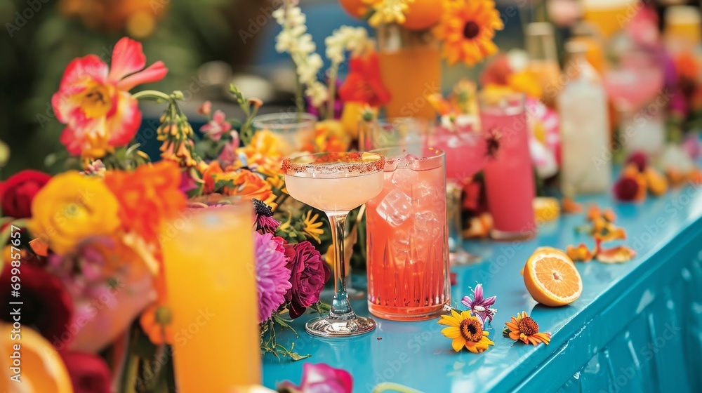 A table topped with glasses filled with different types of drinks and flowers on top of a blue table covered in oranges, pinks, purples and yellows