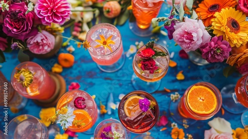 A table topped with glasses filled with different types of drinks and flowers on top of a blue table covered in oranges, pinks, purples and yellows