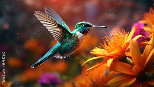 A beautiful bird flying in style over the flower garden Generative IA Art © Utpal