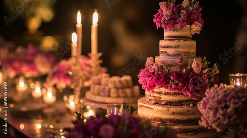 A three tiered cake with pink flowers on top of a table with candles and flowers on the side of the cake and on the other side of the cake
