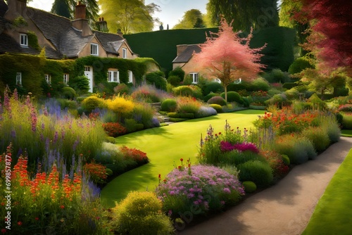 Beautiful English cottage garden  colorful flowering plant on smooth green grass lawn and group of evergreen trees -