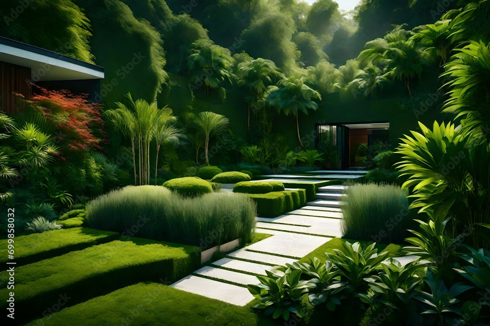 View of Landscaping in green home garden. Landscape design with plants and ...