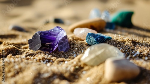 Group of healing crystals on a sand