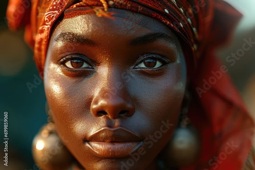 Beautiful African girl with national traditional hairstyle  young woman from the south  close-up portrait of beautiful eyes  jewelry earrings
