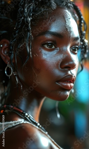 Beautiful African girl with national traditional hairstyle, young woman from the south, close-up portrait of beautiful eyes, jewelry earrings