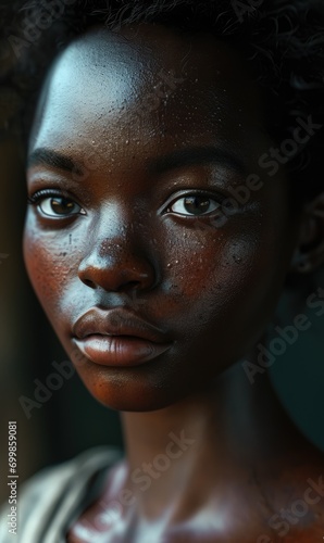 Beautiful African girl with national traditional hairstyle, young woman from the south, close-up portrait of beautiful eyes, jewelry earrings