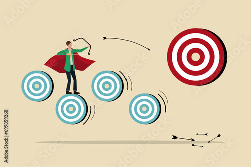 Business challenge to achieve higher target, Business challenges to achieve ambitious or higher goals, The business man aims his crossbow at higher goals