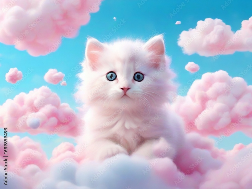 white kitten with pink  sky