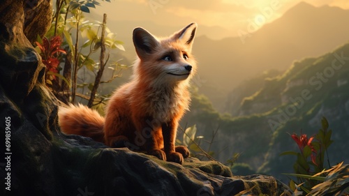 A fox is sitting on a mountain in a jungle Generative IA Image