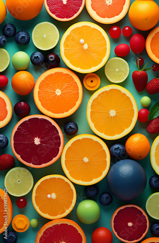 Oranges  grapefruit  grape  lemon  strawberry  and different fruit on a pastel green background.