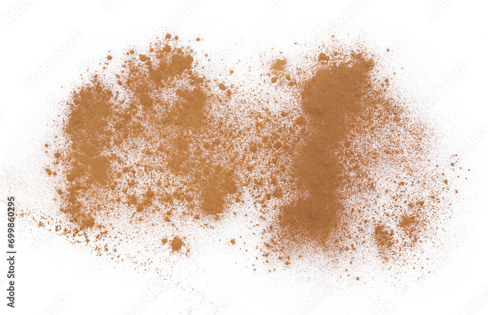 Cinnamon Ceylon ground, pile scattered isolated on white, clipping path - obrazy, fototapety, plakaty 