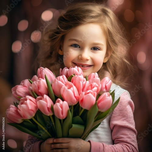 A girl smiling and holding a bouquet of pink tulips. The concept of March 8. Women's Day