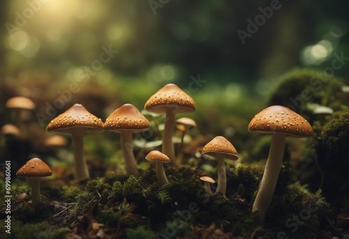 Fantasy enchanted fairy tale forest with magical Mushrooms Beautiful macro shot of magic mushroom