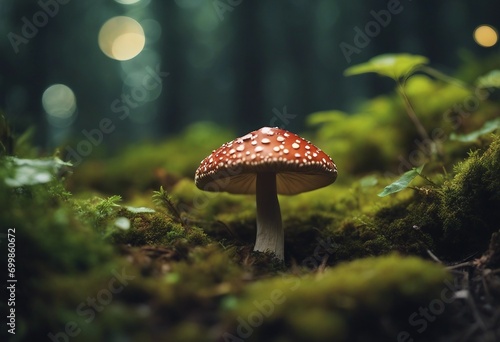 Fantasy enchanted fairy tale forest with magical Mushrooms Beautiful macro shot of magic mushroom