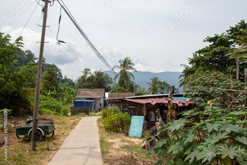 A rural village path leading through small houses surrounded by lush greenery with mountains in the background.