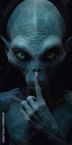 The alien character is putting his finger up saying be silent photo