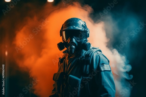 A military figure stands in front of a smokescreen, illuminated in orange & blue, gazing at the camera. Generative AI