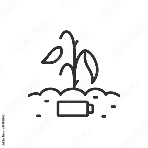 A plant wilted because of a battery in the ground, linear icon. The battery is polluting the environment. Line with editable stroke