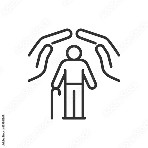 Protection and support for the older generation, linear icon. Safety and security. Hands protect the elderly person. Line with editable stroke